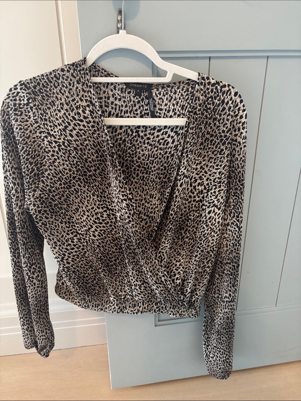 Dynamite Leopard Print Wrap Blouse in Black and Cream medium